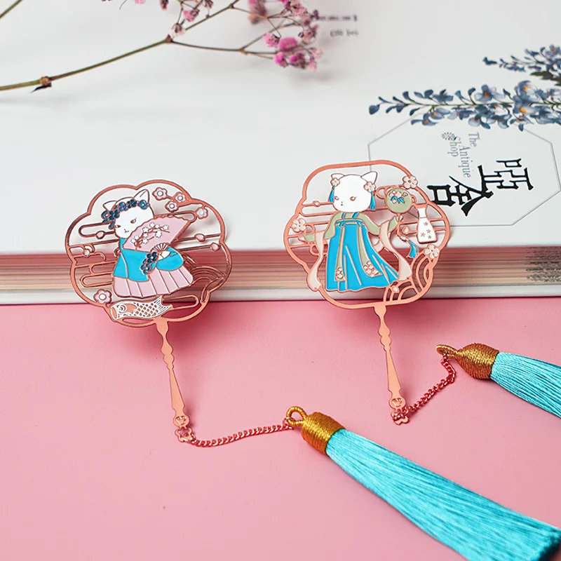 Kawaii Color Hanfu Cat Bookmark Cute Brass Tassel Pendant Art Exquisite Bookmark Page Folder Office School Supplies Stationery