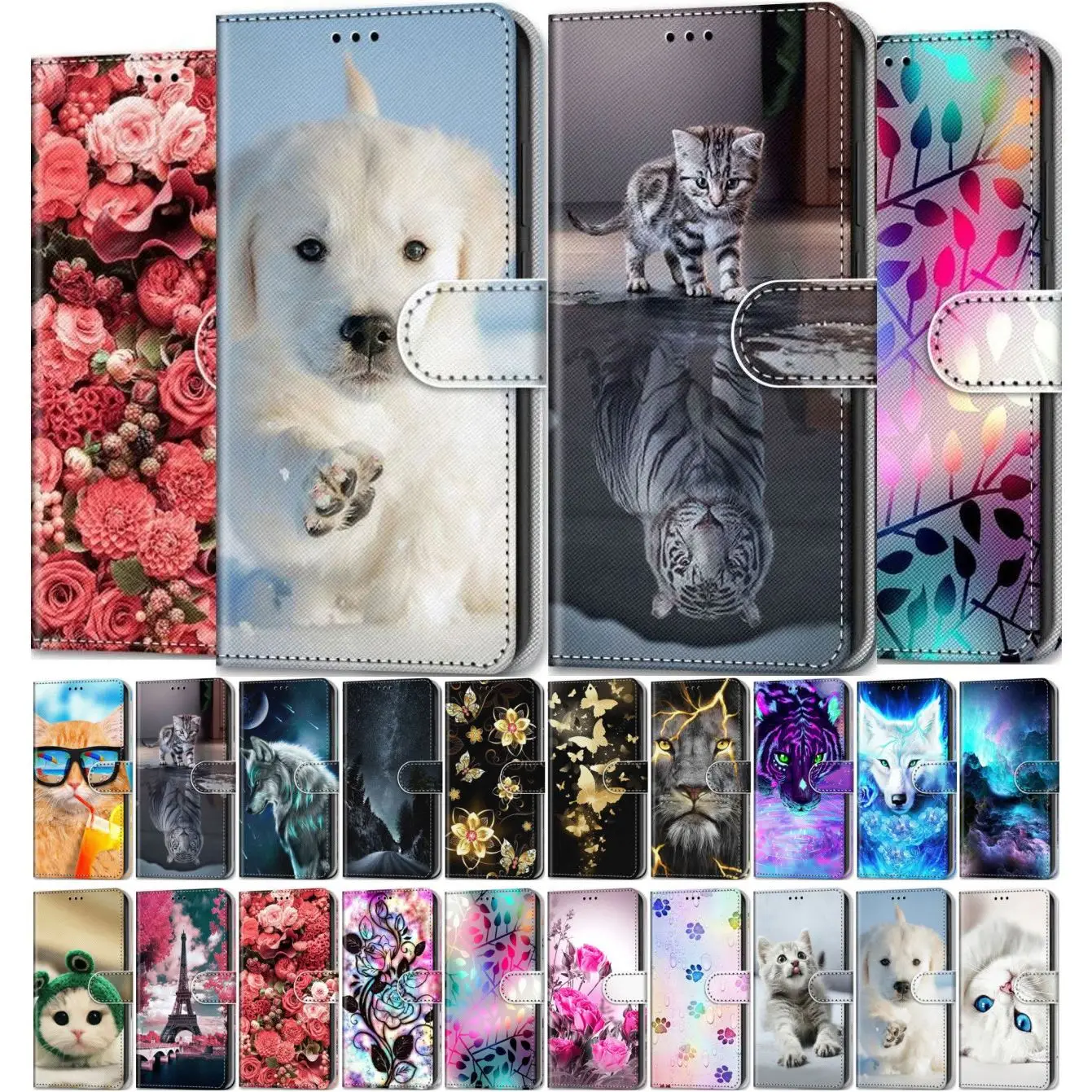 Flip Case For Box Samsung Galaxy  S7 S8 S9 S10E S20 Fe S10 Plus Ultra Kids Phone Bags Cat Tiger Flower Wallet Cover D08F