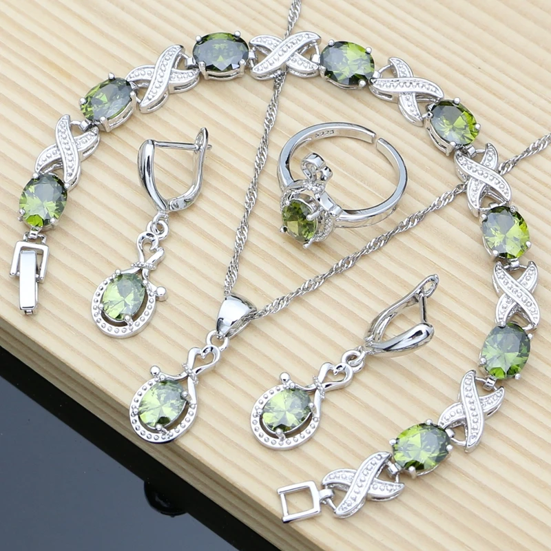 Women 925 Sterling Jewelry Sets Olive Green Topaz Long Earrings Bracelet Necklace Sets Wedding Anniversary Party Gift for Her