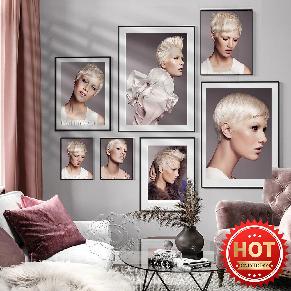 

Modern Fashion Beauty Short Hair Art Canvas Painting Poster, Beauty Salon Hair Salonma Make Up Store Wall Decor Wall Picture