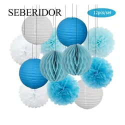 Kids Boy 1st Birthday Party Favor Blue White Set Round Paper Lantern Hanging Ball Honeycomb 6
