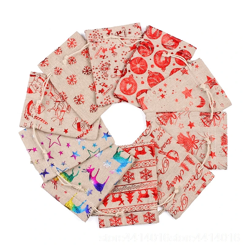 

50pcs 10x14 13x18cm Burlap Christmas Gift Bag Jewelry Packaging Bags Wedding Party Decoration Drawable Bags Sachet Pouches