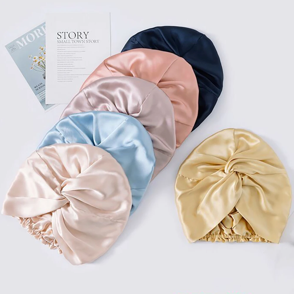 100% Mulberry Silk Sleep Cap Night Bonnet for Women Hair Care Double Layer 16 Momme with Elastic Stay On Head