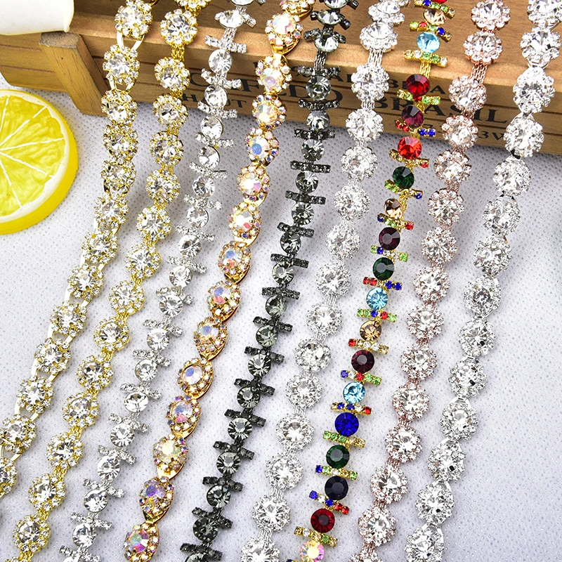 High Quality Glass Rhinestone Chain Clear And Crystal AB Trim Wedding Decoration Round Flower Banding Sew On DIY Accessories