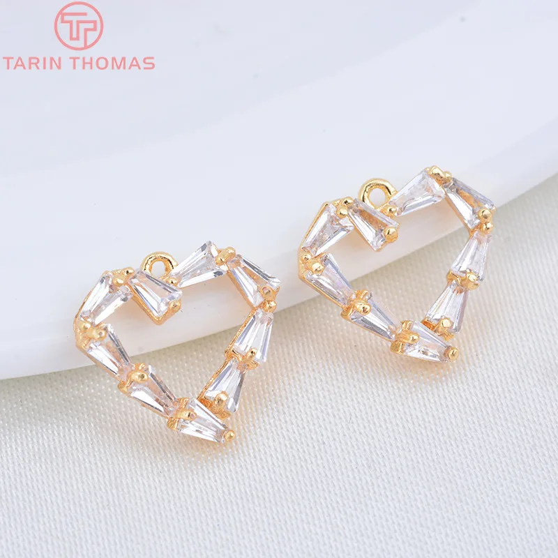 (1172) 11x12MM 24K Gold Color Plated Brass with Zircon Heart Pendants Charms High Quality DIY Jewelry Making Findings