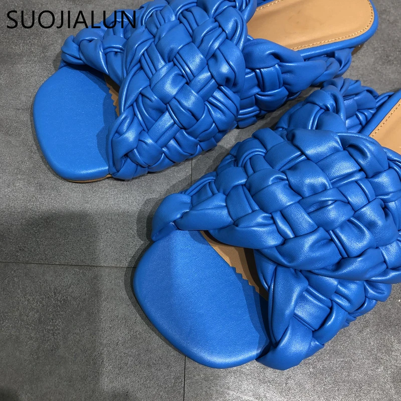 SUOJIALUN 2021 New Brand Flat Slippers Women Weave Slides Sandal Summer Outdoor Beach Open Toe Flip Flops Ladies Home Slippers