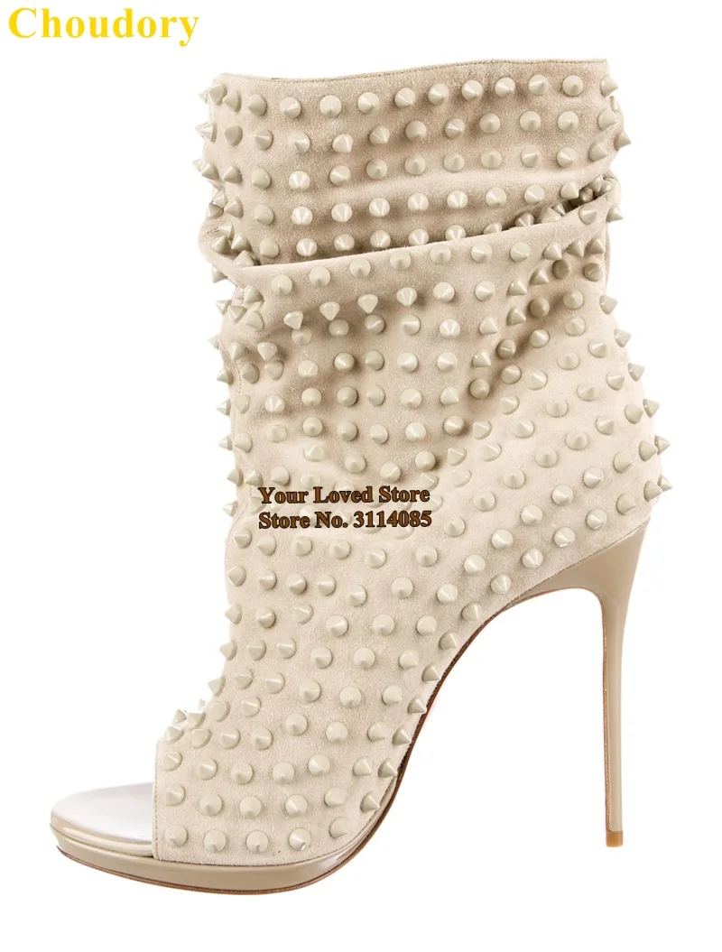 

Choudory Women Sexy Full Rivets Open Toe Ankle Boots Stiletto Heels Studded Loose Motorcycle Booties Punk Stylish Dress Shoes