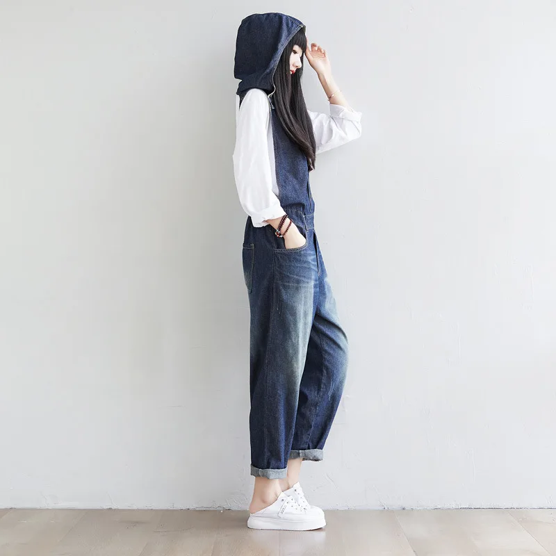 Female new autumn korean style retro washed with hooded one-piece waist adjustable loose denim overalls