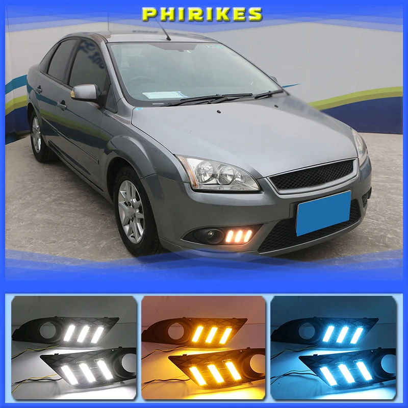 

1Pair DRL For Ford Focus 2007 Sedan Daytime Running Lights LED Fog head Lamp cover Daylight with Yellow turn signal