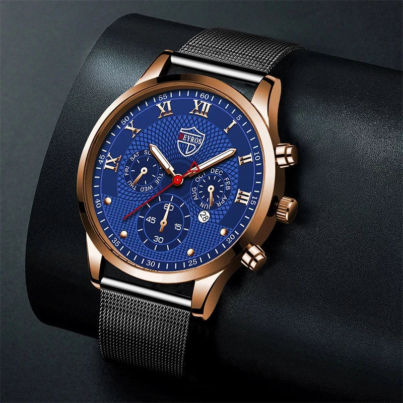 Watches for Men Business Stainless Steel Mesh Belt Quartz Gold Wrist Watch Luxury Man Casual Leather Calendar Clock reloj hombre