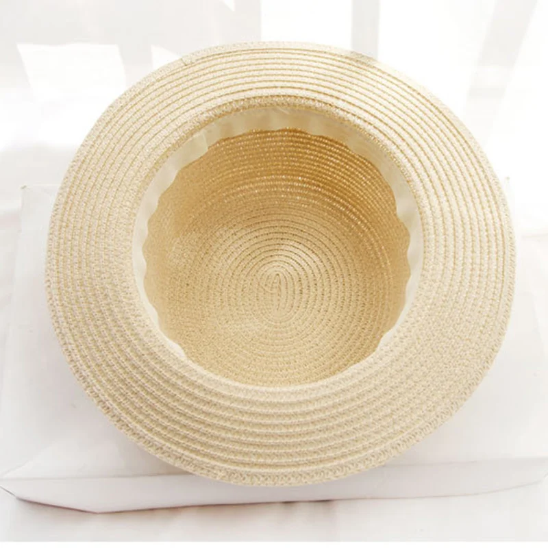 New Parent-child Summer New Women\'s Sun Hat Bucket cap beige lace Bowknot Flowers Ribbon Flat top Straw Hat Beach Caps Panama