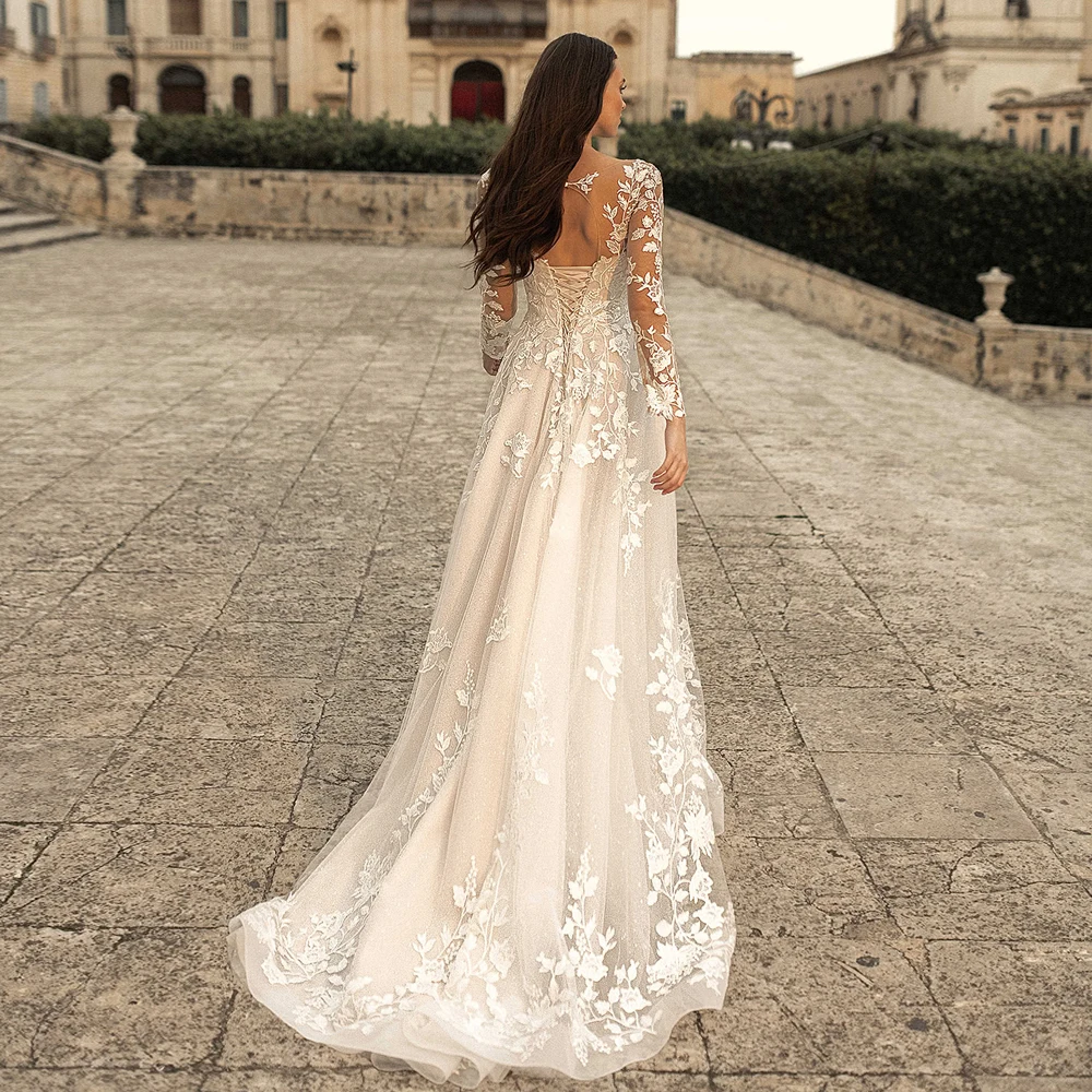 ADLN-Robe de Mariée à Manches sulfet Col Transparent, Ligne A, Champagne, en Dentelle, Nouvelle Collection