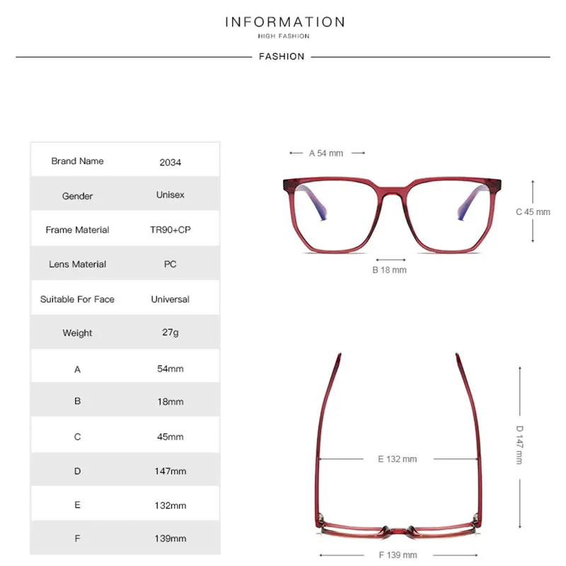 Full Rim Square Glasses Frame Plastic Prescription Eyewear New Arrival Blue Light Blocking UV400 Anti-Reflective Coating