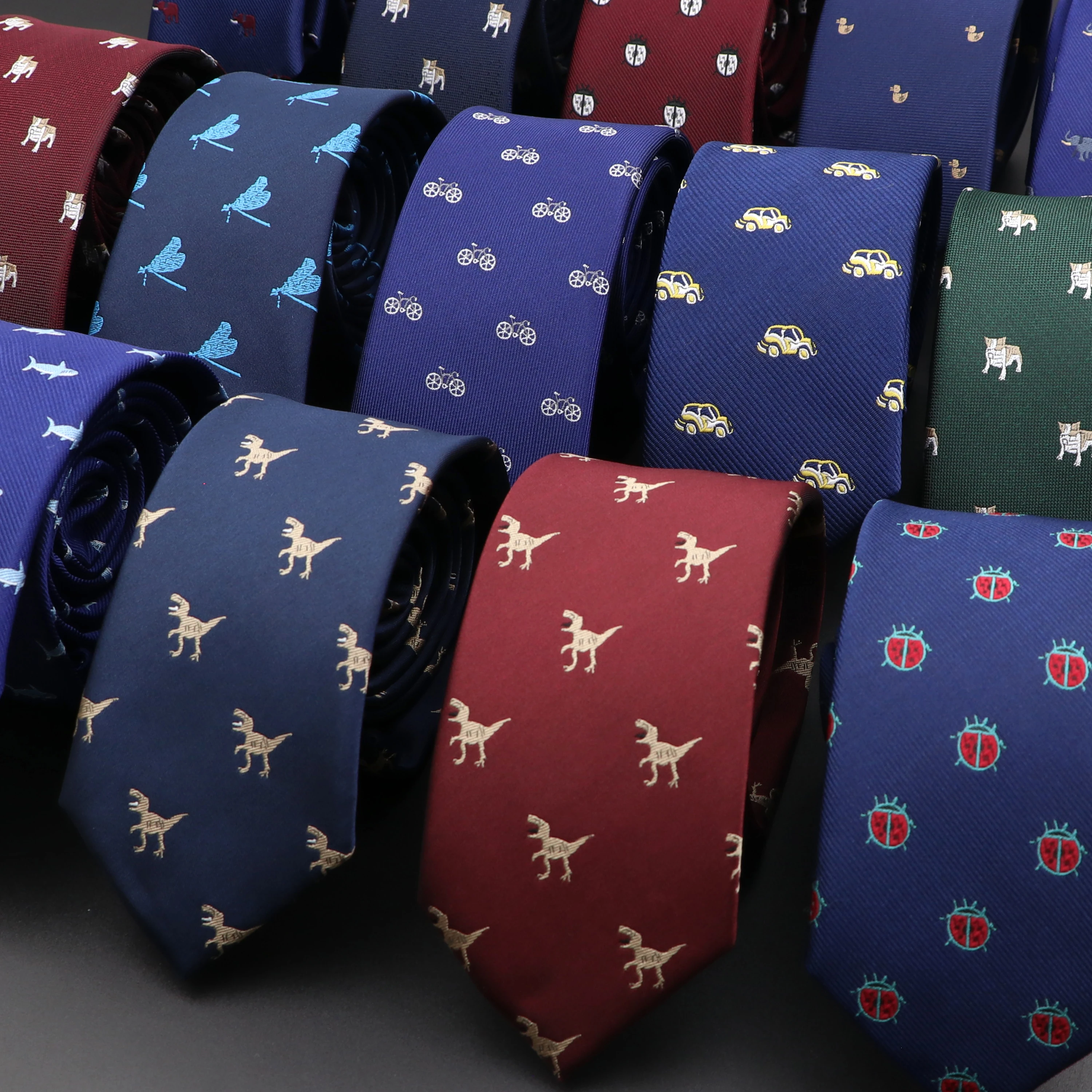 New Men's Casual Ties Dinosaur Insect Pet Pattern Navy Wine Red Polyester Jacquard Ties 6cm Slim Daily Wear Wedding Accessories