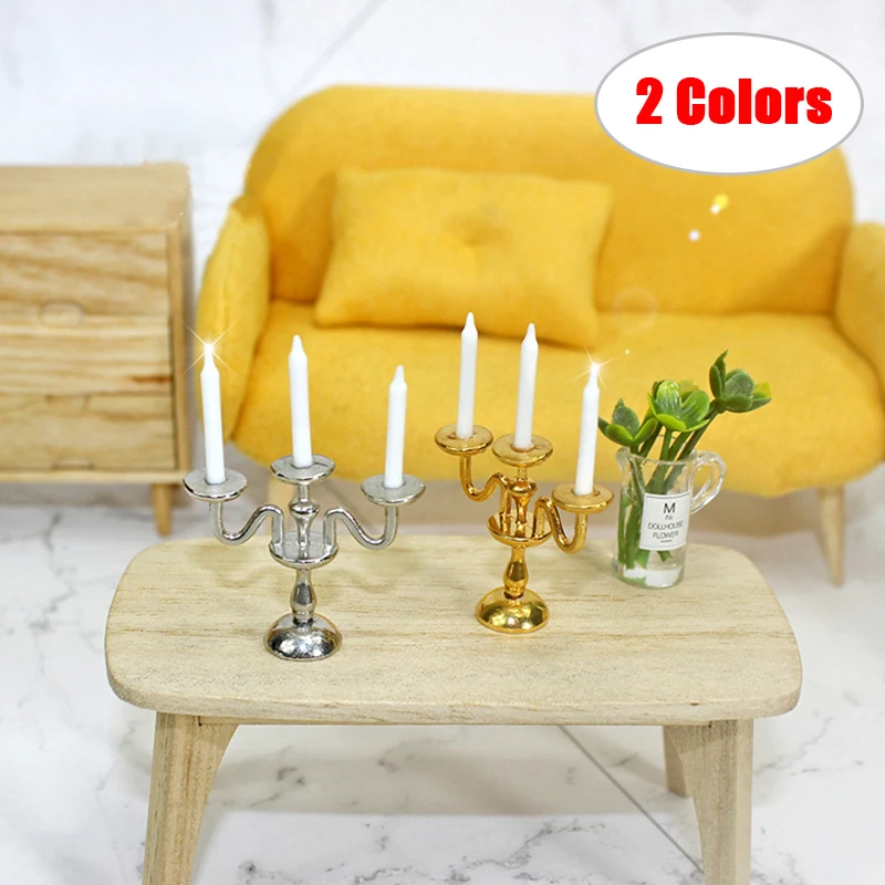 1PC 1:12 Scale Miniature Candlesticks Candelabra Dollhouse White Candles Furniture Toy Pretend Play Doll House Accessories