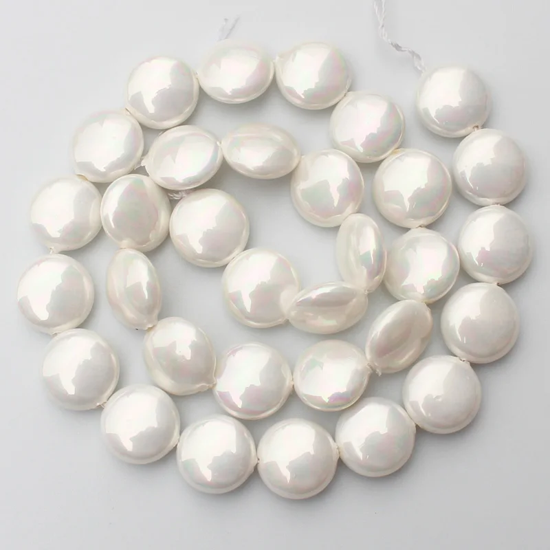 10-16mm White Shell pearl Flat coin shape Beads 15\