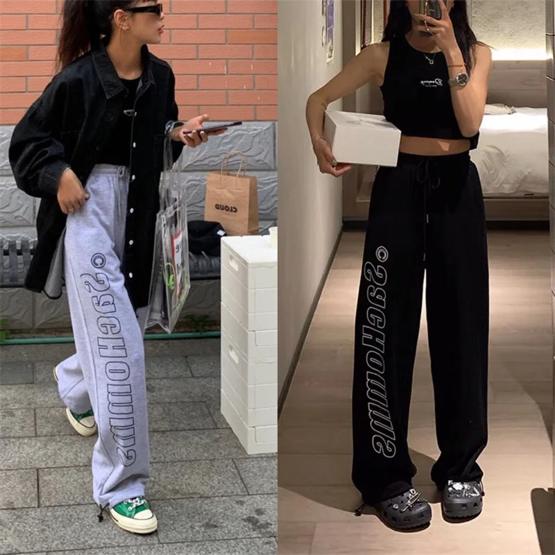 Letter casual pants unisex trend spring summer Korean loose all-match preppy Harajuku BF sports wide leg leggings women