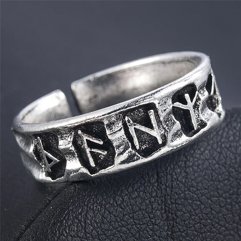 Yungqi Vintage Odin Norse Viking Amulet Rune Ring Retro Words Nordic Amulet Adjustable Finger Rings Jewelry Anillo Hombre Bijoux