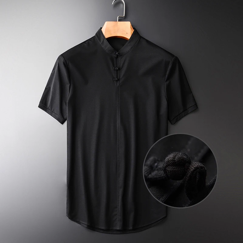 

Summer Thin New Chinese Style Bottons Stand Collar Men's Hight Quality Slim Black Fashion Men T-shirts M-3XL 4XL