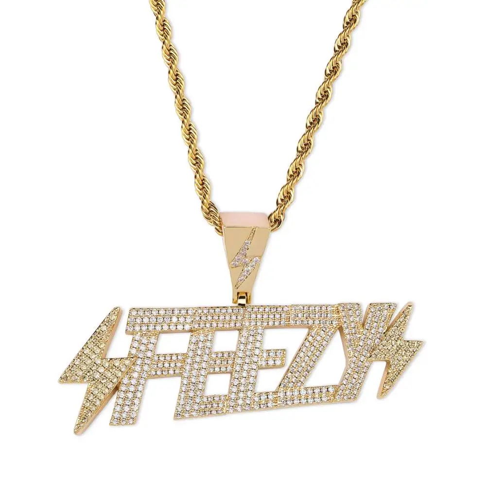 

Hip Hop AAA Cubic Zirconia Bling Iced Out Lightning Feezy Letter Pendants Necklace for Men Rapper Jewelry Drop Shipping