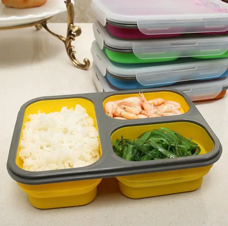 

Collapsible Silicone Lunchbox Bento Folding Portable Bento Box With Fork 3 Grids Microwave Dinnerware Tools SN2103