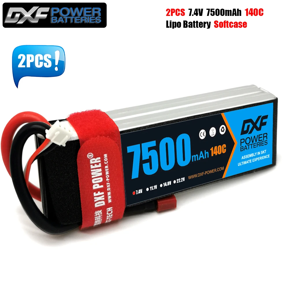 2PCS DXF 2S 3S 4S 6S 7.4V 11.1V 14.8V 22.2V Lipo Battery 7500mah 140C 280C for RC Truck Boat Car Drone Helicopter FPV 1/8 Buggy