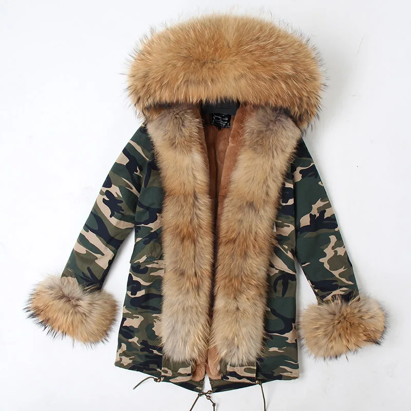 2024 frauen jacke Echt Waschbären pelz kragen knopfleiste pelz parka mantel mid-länge weibliche winter frauen winter jacke