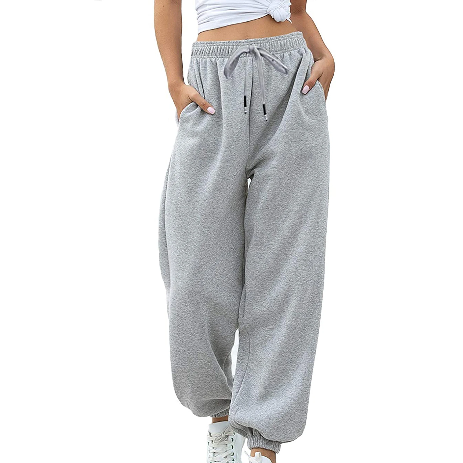 wsevypo Casual Women's Drawstring Joggers Trousers Solid Color High Waist Loose Sweatpants Hip Hop Streetwear Sports Pants