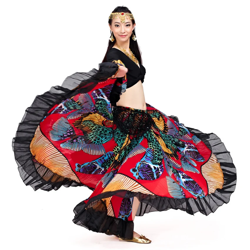 Mulheres Renda Saia de Dança do Ventre, Trajes de Dança, Luxo Estampa Borboleta, Saia Cigana Boêmia, Flamenco Espanhol Feminino, 720 Graus