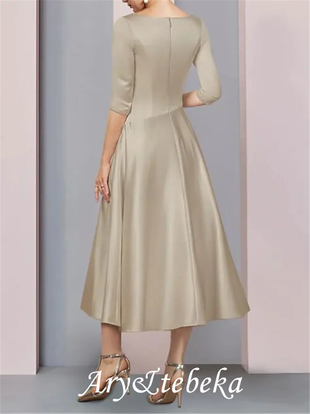 Linha a mãe da noiva vestido plus size elegante vintage v pescoço chá comprimento cetim 3/4 comprimento manga com pregas 2021