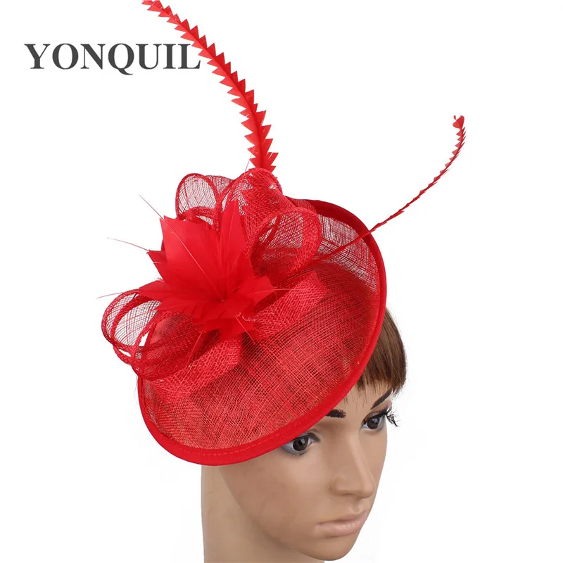 

Sinamay Fascinator Headwear Sinamay Base with Feather Cocktail Hats Red Wedding Millinery Hair Accessories 17 Color High Quality