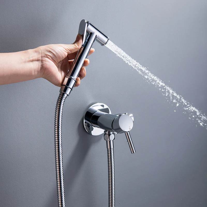 

Bidet Sprayer Toilet Faucet Chrome Brass Hand-held Wall-mounted Mixer Hot And Cold Water Bidet Faucet With Hose For Bathroom