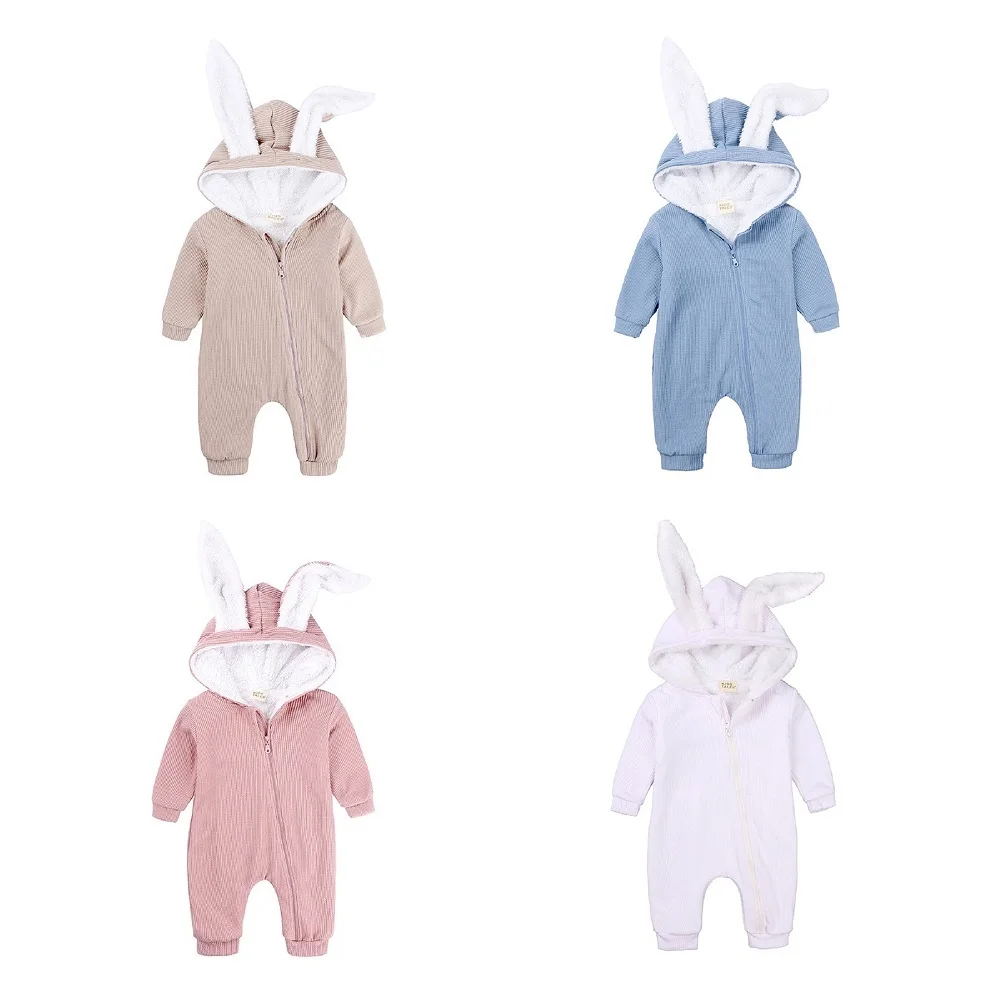 

Hooyi Baby Boys Girls Rabbit Romper One Piece Plush Body suit Newborn Winter Thick Coral Fleece Robes Baby Rabbit Hoodies Outfit