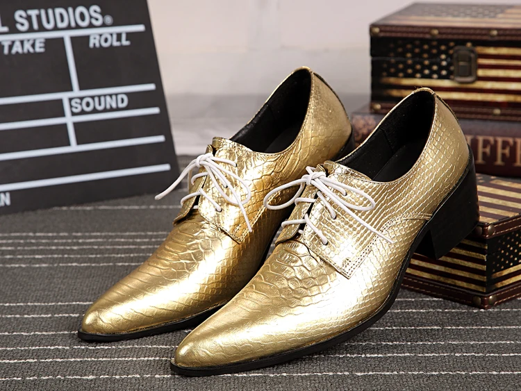 

Python Skin Mens Formal High Heels Shoes Gold Silver Wedding Christmas Party Shoes Pointed Toe Lace Up Shoes Calçado Masculino