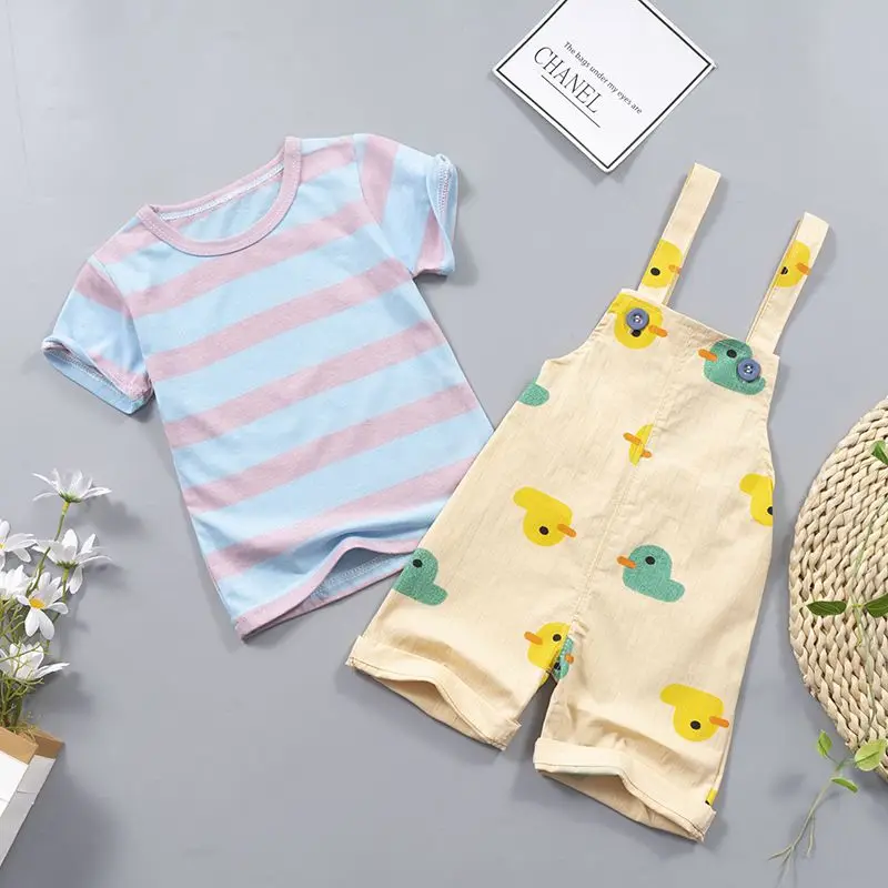 

Summer Boys Girls Striped T-Shirts + Duck Print Suspender Pants Short-Sleeve Top Kids Cute Two-Piece Suits Wild Children Clothes