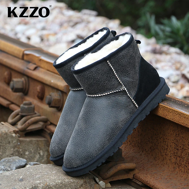 KZZO Real Sheepskin Men\'s Snow Boots Australian Classic Natural Fur Wool Lined Short Ankle Winter Warm Shoes Non-slip Waterproof