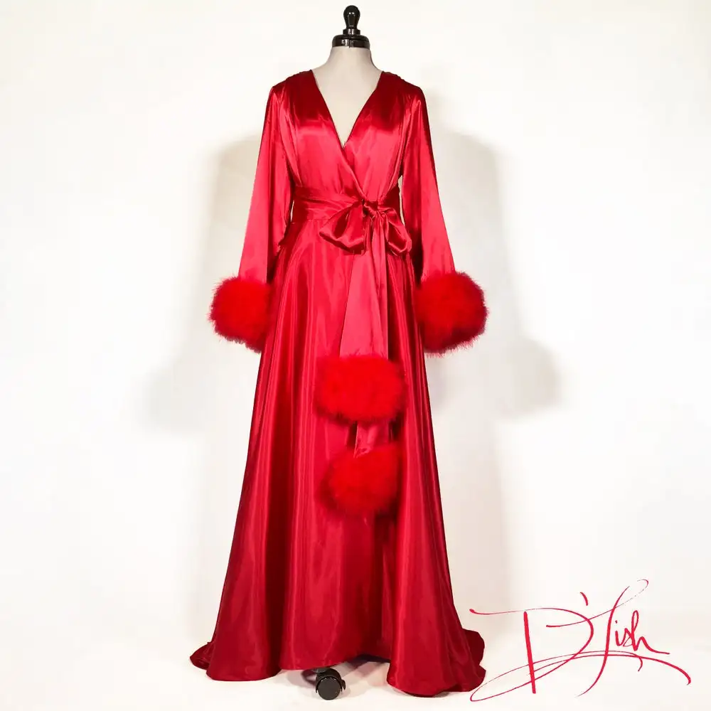 Women Red Fur Bathrobe Sleepwear Long Nightgowns  Kimono Dressing Gown Babydoll Lingerie Bath Robe Luxury Bathgowns