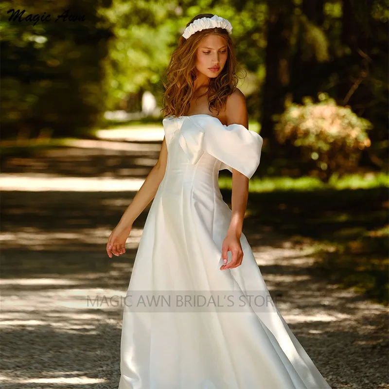 Magic Awn-vestidos de novia de satén para mujer, ropa de boda de corte en A, estilo bohemio, sencillo, con lazo, personalizado, 2022