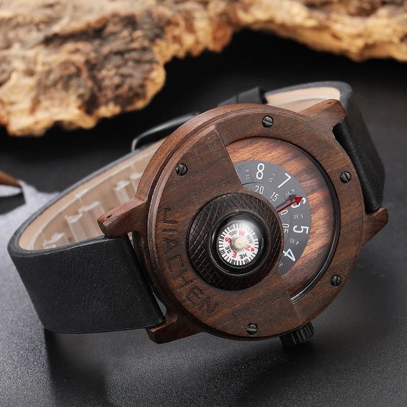 Men Wood Bamboo Watch Unique Turntable Dial  Male Military Watches Compass Quartz Watch With Leather Band