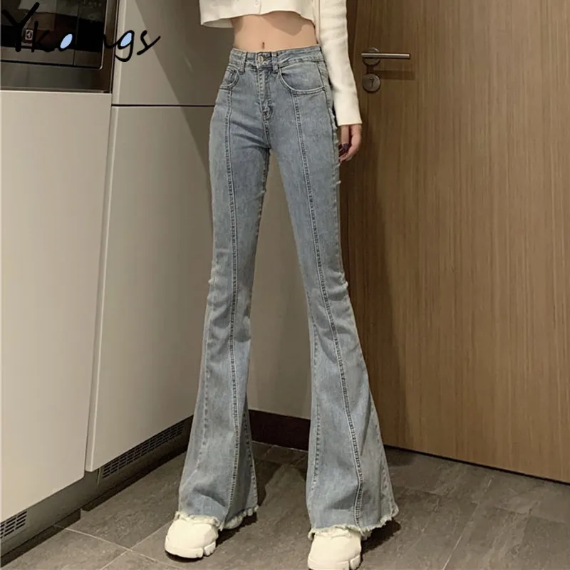 

Summer Cotton High Waist Tassel Bell Bottom Jeans Women Slim Flare Denim Pants Trousers Stretch Skinny Wide Mom Jeans Streetwear