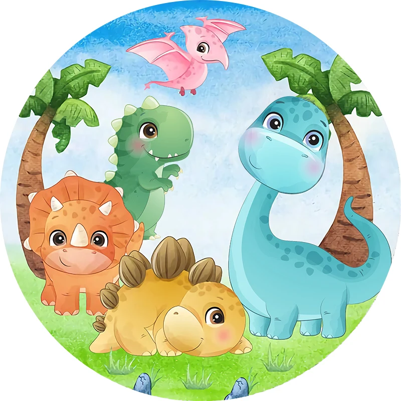 Fondo redondo de fiesta de dinosaurio de dibujos animados para niños, cubierta de fondo para fotografía de 1er cumpleaños, cubiertas de zócalo personalizadas
