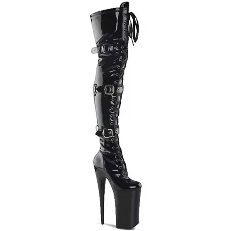 Neue Stil frauen Party Schuhe Hohe Qualität Über Das Knie Lange Stiefel Superstar 20CM Dünne Ferse Laufsteg Zeigt schnalle Zipper Pumpen