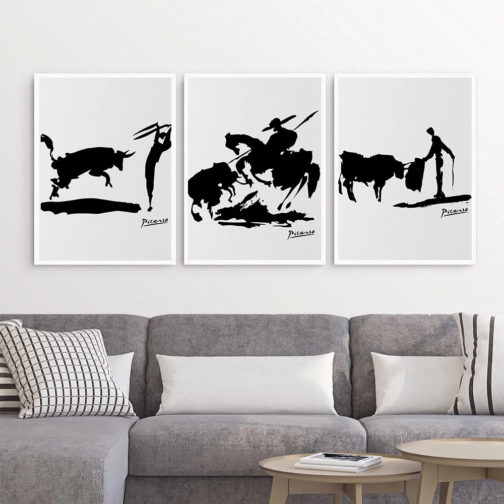 Abstract Picasso Human and Bull Silhouette Poster and Print Black White Canvas Painting Wall Art Pictures Home Decor