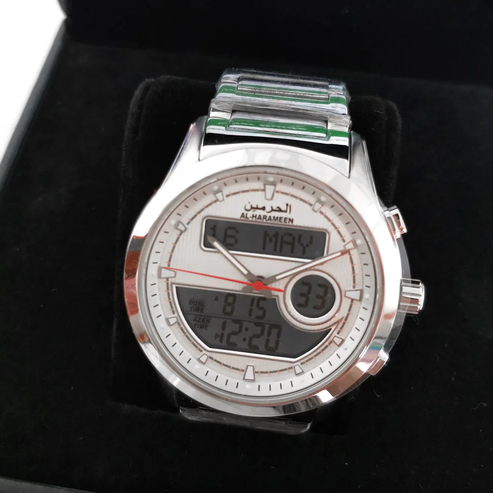Azan Watch for Muslim Man Islamic Wrist Clock with Fajr Time Prayer Reminder Hijiri Calendar Stainless Steel Big Dual Display