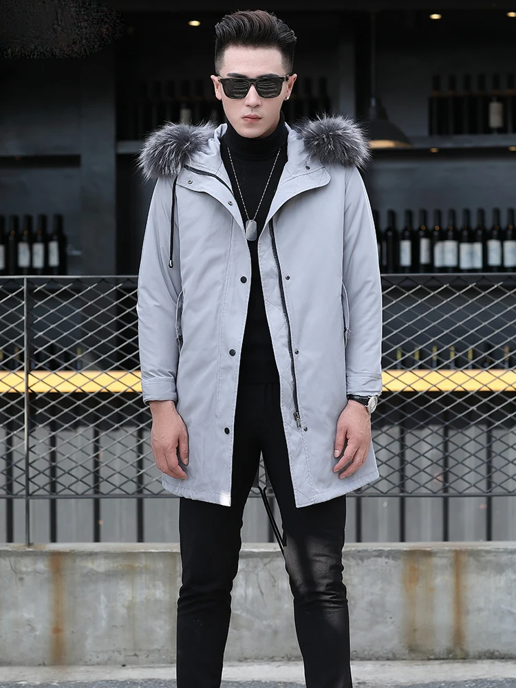 

Jacket Men Natural Fur Coat Real Racoon Fur Collar Parka Wool Liner Jacket Long Overcoat AXHPKF1802-1805-Y KJ831