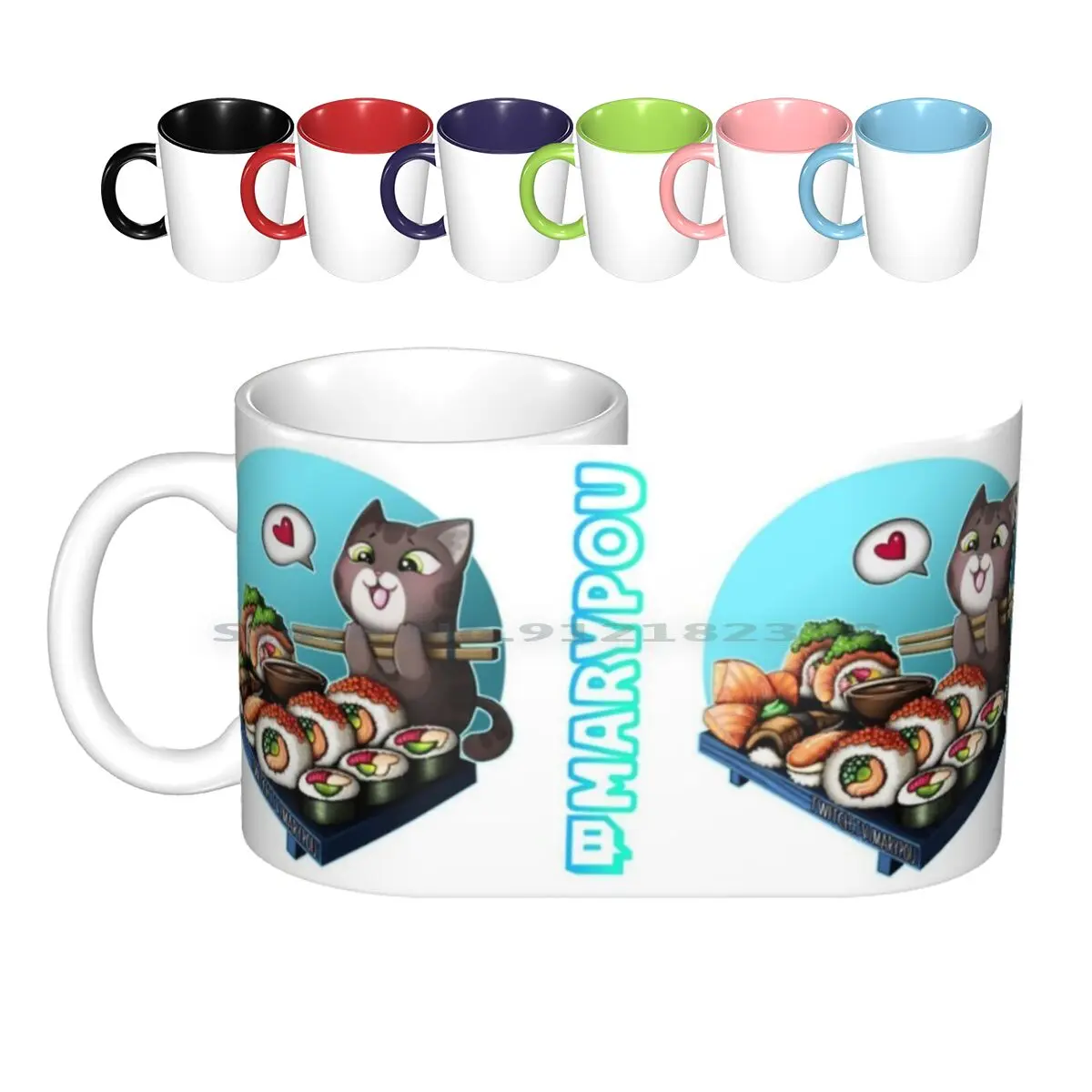 Pou & Sushi Ceramic Mugs Coffee Cups Milk Tea Mug Sushi Louse Marypou Twitch Streamer Cat Cute Kawaii Japan Aqua Orange