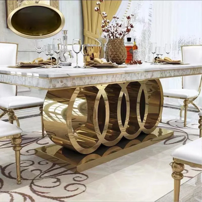 

Golden dining table post-modern fashion stainless steel marble top-grade dining table