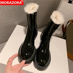 MORAZORA 2022 New Thick Fur Wool Winter Boots Patent Genuine Leather Boots Women Zipper Ankle Boots Fashion Ladies Shoes