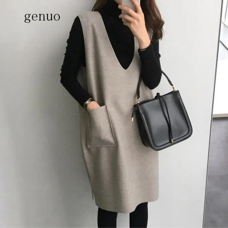 Woolen Vest Women\'s Autumn And Winter 2019 New Mid-length Loose-Fit Jumper Dress Base Dress Set Two-Piece Set