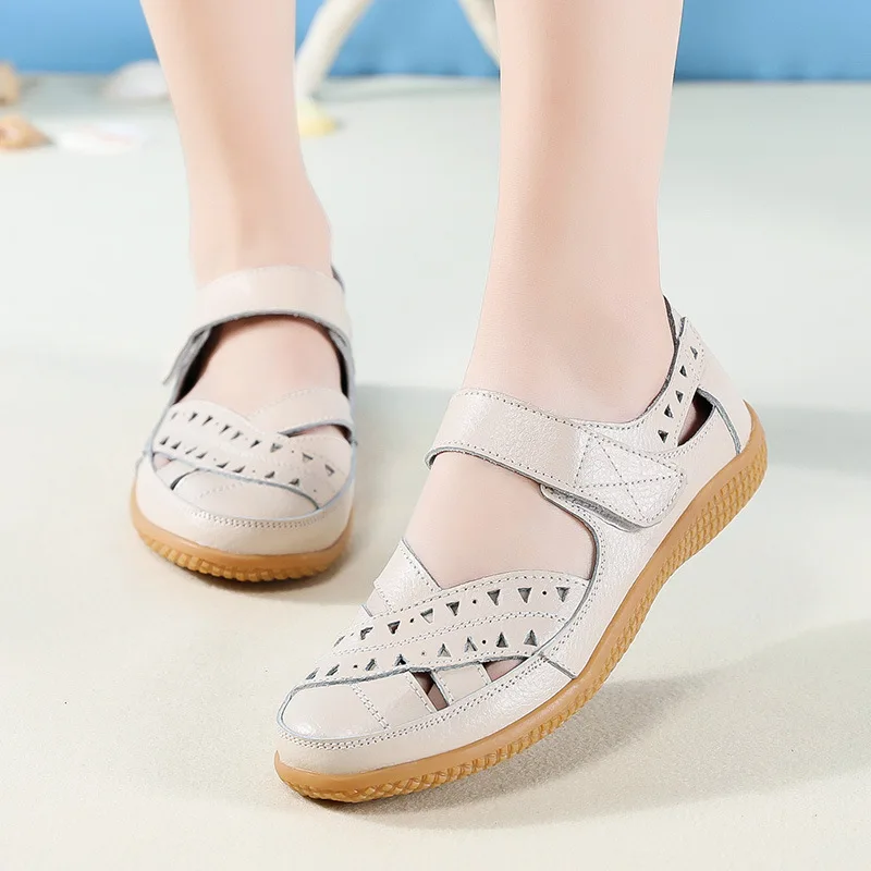 WOIZGIC Female Women Mother Genuine Leather Hollow White Shoes Sandals Flats Loafers Summer Cool Beach Plus Size 41 42